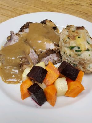 Schweinbraten with Knodel and Roasted Root Vegetables