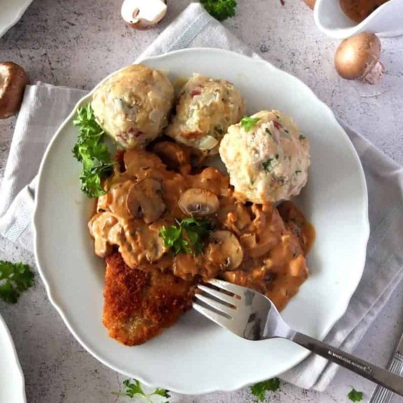 Chicken Jagerschnitzel with Knodel, and Roasted Root Vegetables