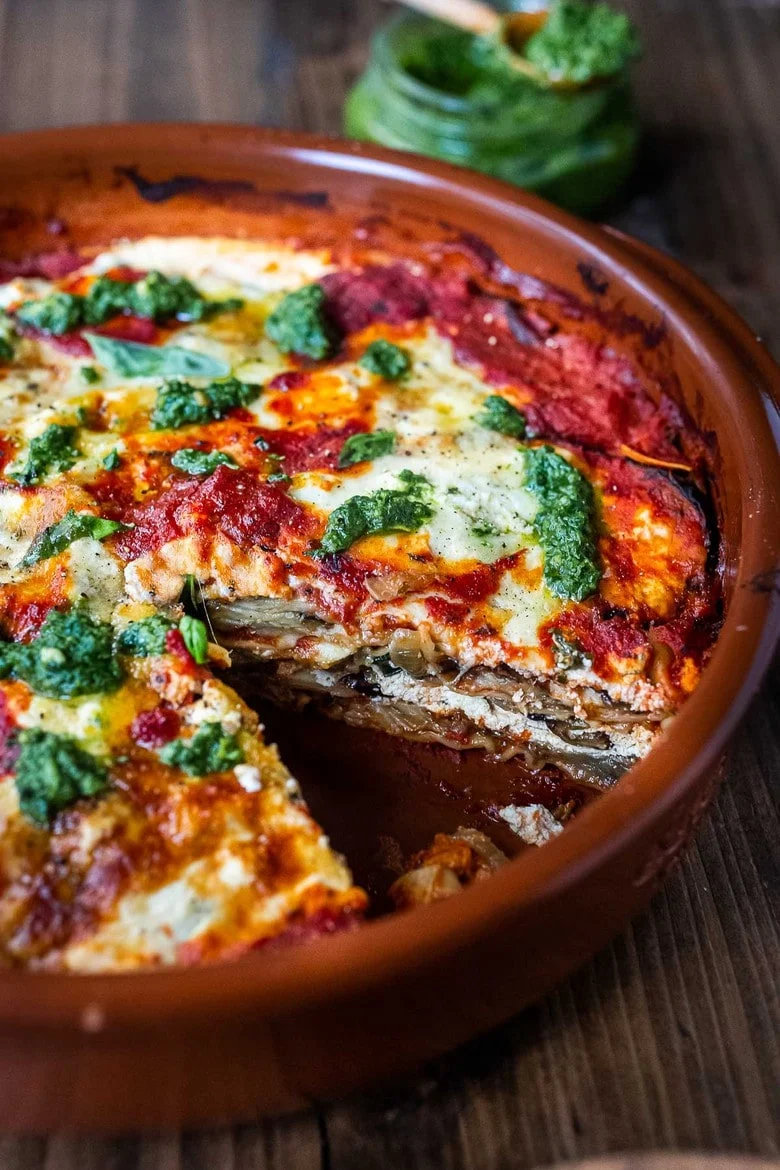 Roasted Eggplant, Tomato, & Pesto Lasagna