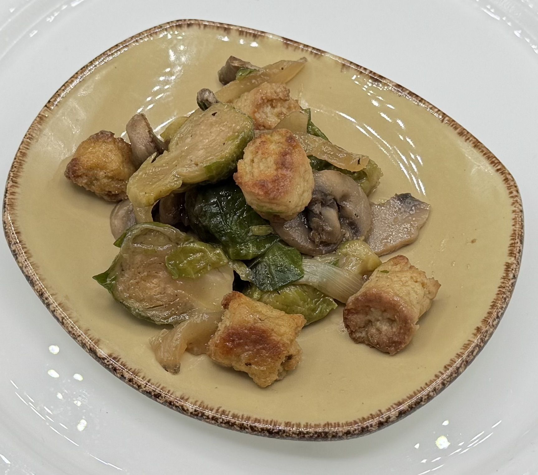 Cauliflower Gnocchi with Brussels Sprouts, Sauteed Mushrooms and Caramelized Onions